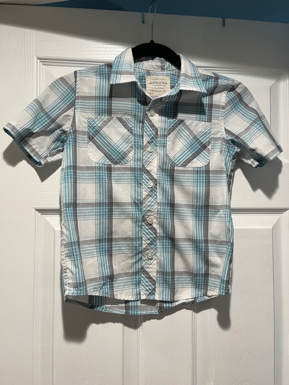 Sonoma Short-Sleeve Plaid Button-Down Shirt - White, Blue & Gray